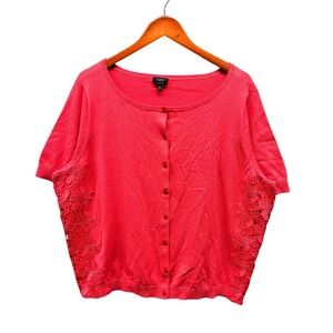 Talbots Woman Petites 3XP Short Sleeve Cardigan Pink Pima Cotton Lace Side NWT